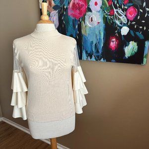 Jealous Tomato Ivory Crewneck Sweater With Mesh Tiered Satin Sleeves Size XS/S